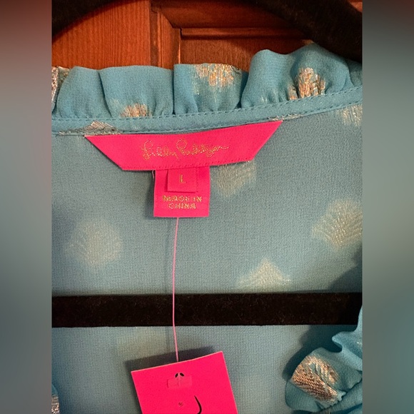 NWT! GIANA SILK TOP IN BERMUDA BLUE SEAGRASS METALLIC CLIP CHIFFON L - Picture 2 of 5